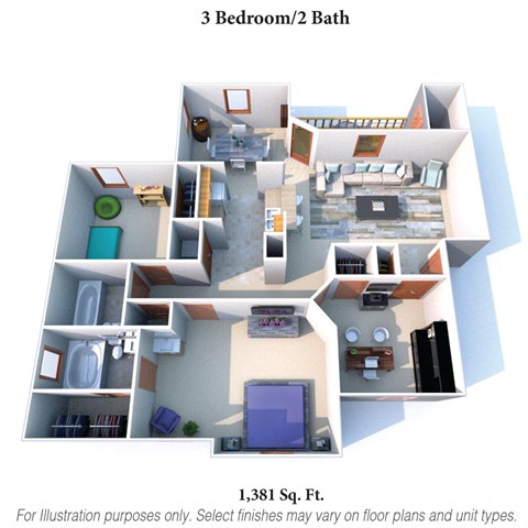 3 Bedroom 2 Bathroom Floor Plan at The Vinings Apartments, Cincinnati, Ohio